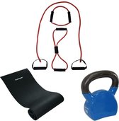 Tunturi - Fitness Set - Kettlebell 12  kg - Fitnessmat 160 x 60 x 0,7 cm - Tubing Set Rood