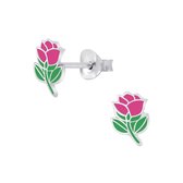 Joy|S - Zilveren bloem oorbellen - roze roosje