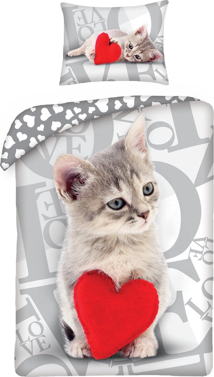Valentines Sweet Cat - Dekbedovertrek - Eenpersoons - 140 x 200 cm - Multi