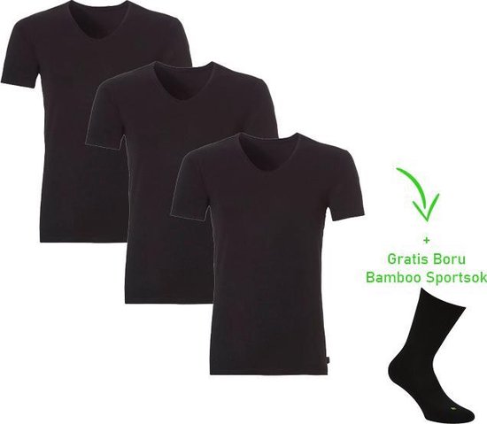 Bamboo T-Shirt - V-Hals - Super zacht - Antibacterieel - Perfect draagcomfort - 95% Bamboo - 3 stuks - 1 paar bamboo sokken cadeau - Zwart - L