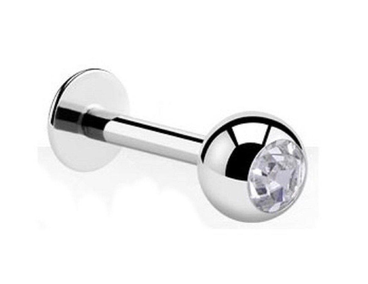 Titanium 12 mm Labret piercing 1,6 met 4 mm bal met een wit steentje. RH-Jewelry