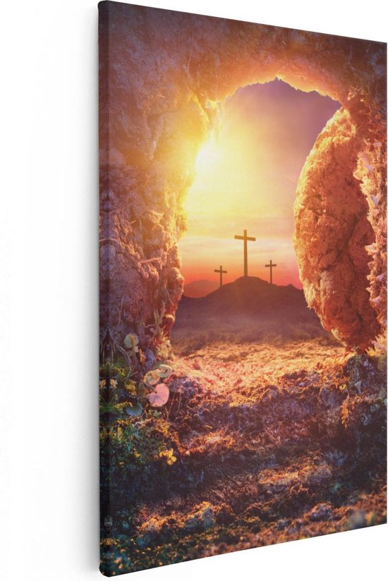 Artaza Canvas Schilderij Kruisiging bij Zonsopgang - Opstanding Jezus - 40x60 - Poster Foto op Canvas - Canvas Print