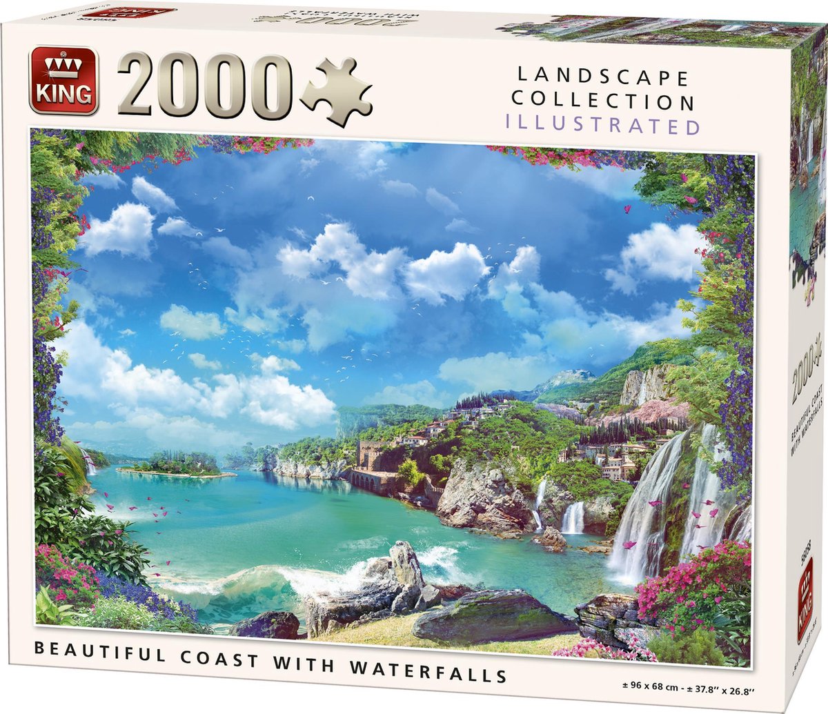 King Puzzel 2000 Stukjes (96 x 68 cm) Kustlijn met Watervallen Legpuzzel Landschap