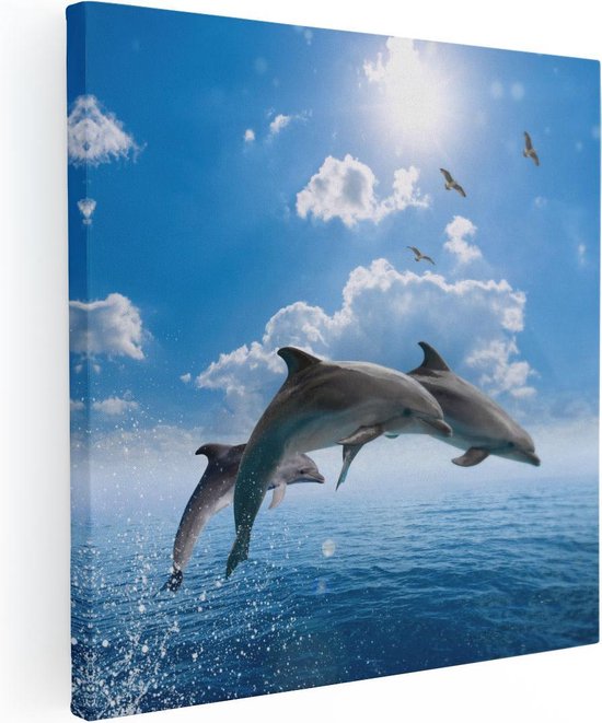 Artaza Canvas Schilderij Dolfijnen Springen uit de Blauwe Zee - 50x50 - Foto Op Canvas - Canvas Print
