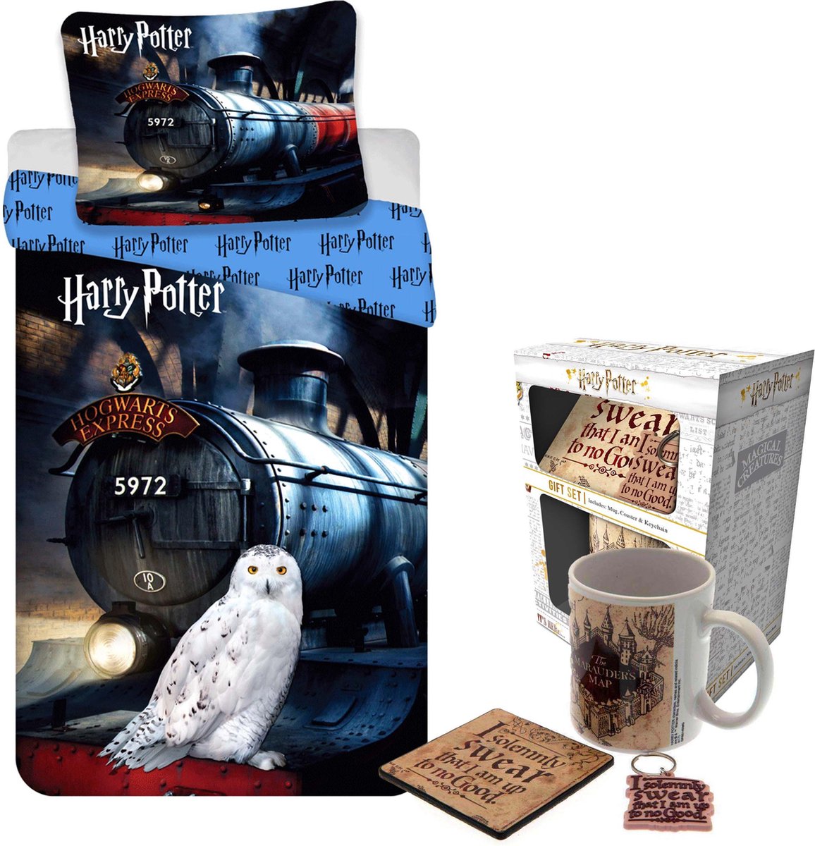 Dekbedovertrek Harry Potter- Hogwarts Express - Eenpersoons - 140 x 200 cm - Katoen, incl. Drinkbeker Harry Potter Cadeau set- Marauders Map- 3 delig