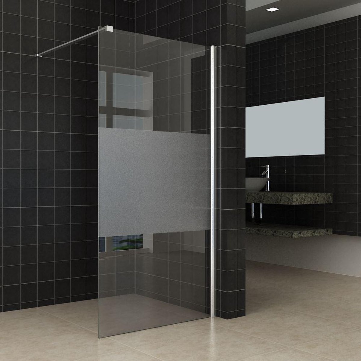 Bally Eco Inloopdouchewand Antikalk Met Chroom Profiel En Stabilisatiestang 8mm Veiligheidsglas 1000x2000mm Half Mat
