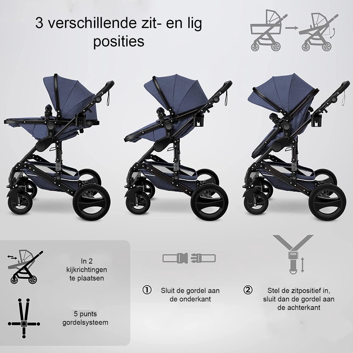 Kinderwagen 3 in 1 met Luiertas Blauw/Zwart - afbeelding 2