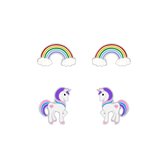 Joy|S - Zilveren oorbellen - set 2 paar - pony / eenhoorn oorbellen - regenboog oorbellen