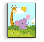 Poster Dieren in de bosjes Giraf Olifant met ballon en Bijtje Links - Kinderkamer - Dierenposter - Babykamer / Kinderposter - Babyshower Cadeau - Muurdecoratie - 30x21cm / A4 - Pos