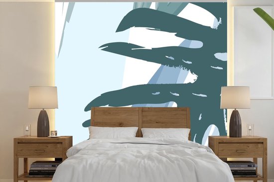 Behang - Fotobehang Zomer - Monstera - Lichtblauw - Breedte 350 cm x hoogte 350 cm