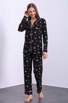 Lycra Katoen Dames Pyjamaset Zwart Flamingo print Maat XXL