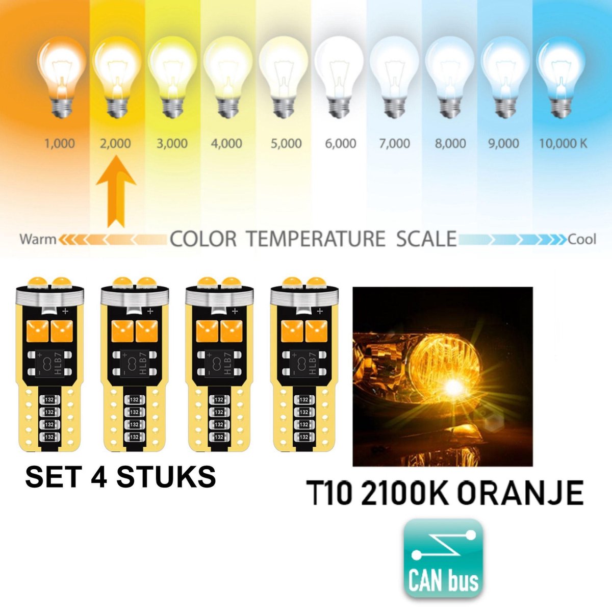 T10 Led Lamp Amber / Oranje (Set 4 stuks) 2100K Canbus 5W5, W5W, Led  Signal Light