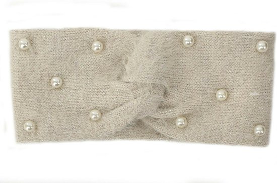 Warme zachte hoofdband haarband met parel versiering van acryl/wol kleur lichtbeige maat one size