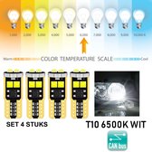 T10 Led Lamp Helder Wit (Set 4 stuks) 6500K Canbus 5W5 | W5W | Led Signal Light | 12V | 168 | 194 | 2x | Stadslicht | Kentekenplaat Verlichting | 3030 6 SMD | Autolamp | 6000 | 600