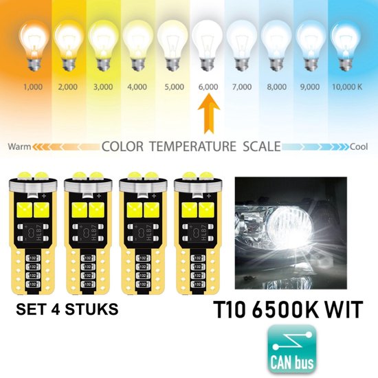 T10 Led Lamp Helder Wit (Set 4 stuks) 6500K Canbus 5W5, W5W, Led Signal  Light, 12V