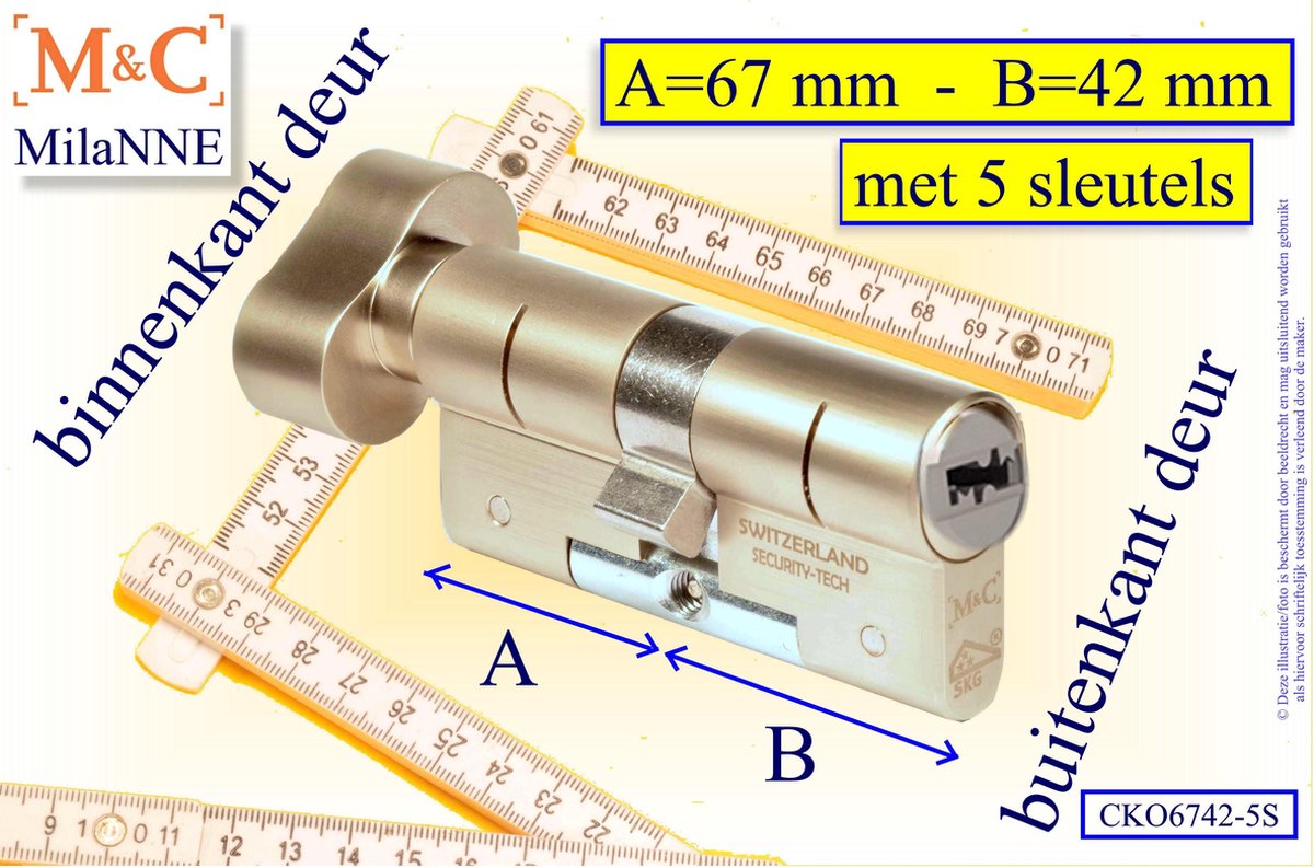 M&C Conder high-tech security deurcilinder met KNOP OVAAL, 67x42 mm MET 5 SLEUTELS - SKG*** - Politiekeurmerk Veilig Wonen - inclusief MilaNNE gereedschap montageset en hangslot kaars