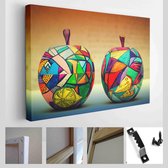 Twee decoratieve appels, gemaakt van hout en met de hand beschilderd. Handgemaakt. Moderne kunst uit één stuk - Modern Art Canvas - Horizontaal - 258943670
