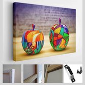 Decoratieve kleurrijke appels fruit gemaakt van hout, met de hand beschilderd. Moderne kunst, handgemaakt - Modern Art Canvas - Horizontaal - 268700429