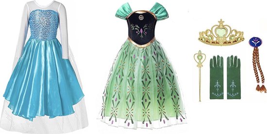 Prinsessenjurk meisje - Anna groene jurk - Het Betere Merk - 2 x verkleedjurk - Elsa jurk - Carnavalskleding kinderen - Prinsessen Verkleedkleding - 98/104 (110) - Cadeau meisje - Prinsessen speelgoed - Verjaardag meisje - Kleed