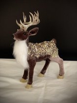 Brown Velvet Deer with Gold Antlers 24 cm hoog - rendier - hert - bruin - glitters - kunststof - handgemaakt - figuur - kerststukje - kerstdecoratie - kerstitem - accessoire - inte