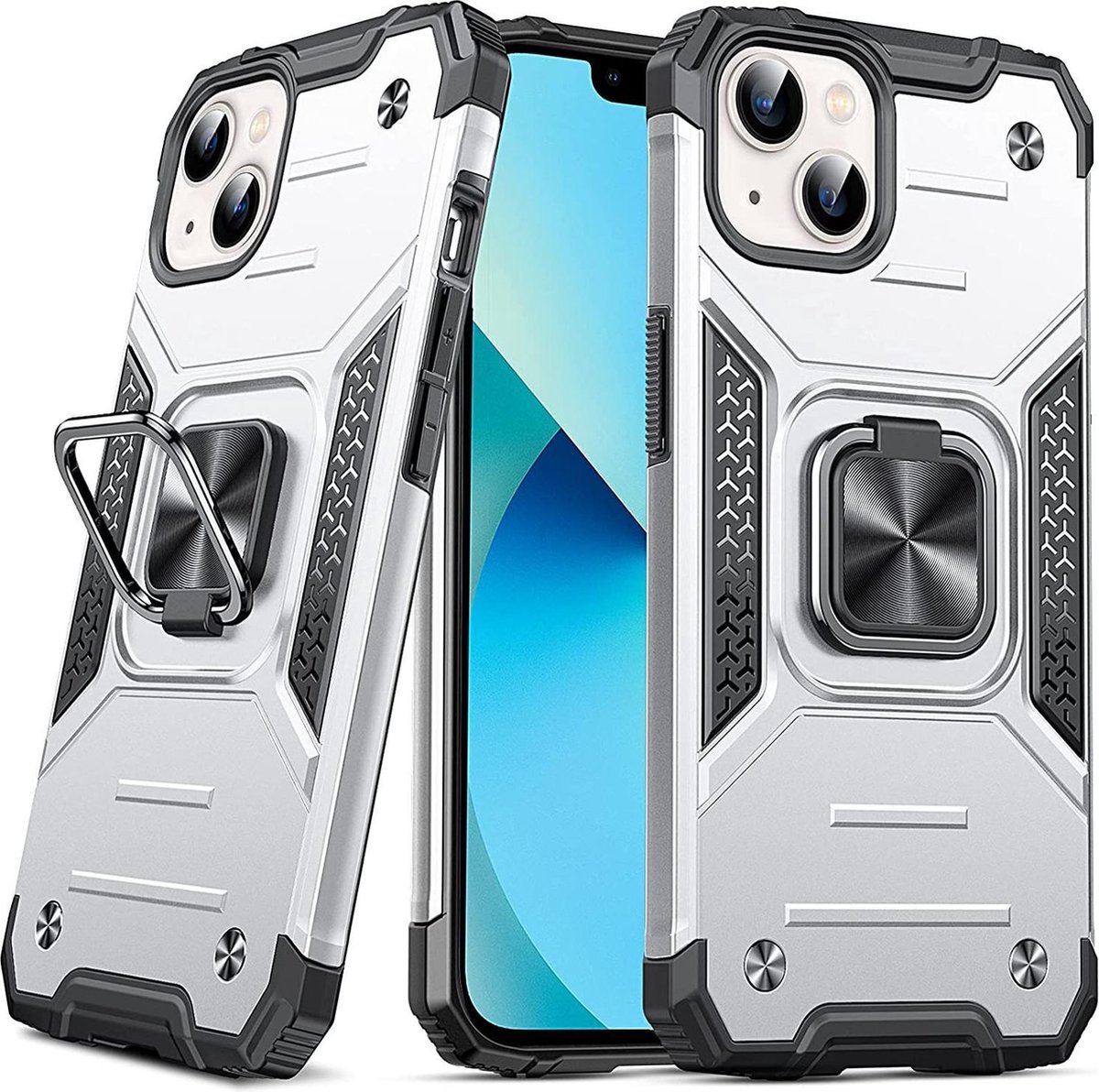 Hoesje Geschikt voor iPhone 13 - Heavy Duty Armor Hoesje met Kickstand ringhouder – Zilver
