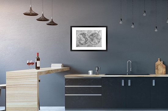 Affiche Zwart et Wit - Wereldkaart historique ancienne - noir et blanc - 60x40 cm