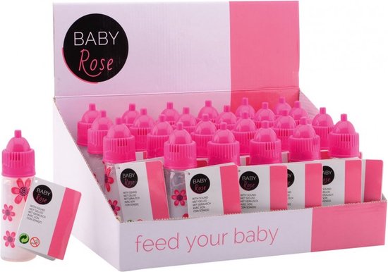 Baby Rose zuigfles met roze bloemen en roze dop, in display. Tekst op display: 'feed your baby'.