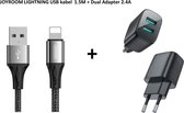 iPhone oplaadkabel + Dual USB Adapter geschikt voor Apple iPhone 6,7,8,X,XS,XR,11,12,13,Mini,Pro Max- Sterke USB iPhone kabel - iPhone snoertje - iPhone oplader - 1.5 Meter