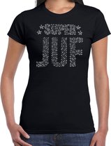 Glitter Super Juf t-shirt zwart met steentjes/ rhinestones voor dames - Lerares cadeau shirts - Glitter kleding/foute party outfit XXL