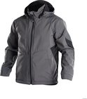 Grijze DASSY softshell werkjas met capuchon, ritssluiting en blauwe stiksels.