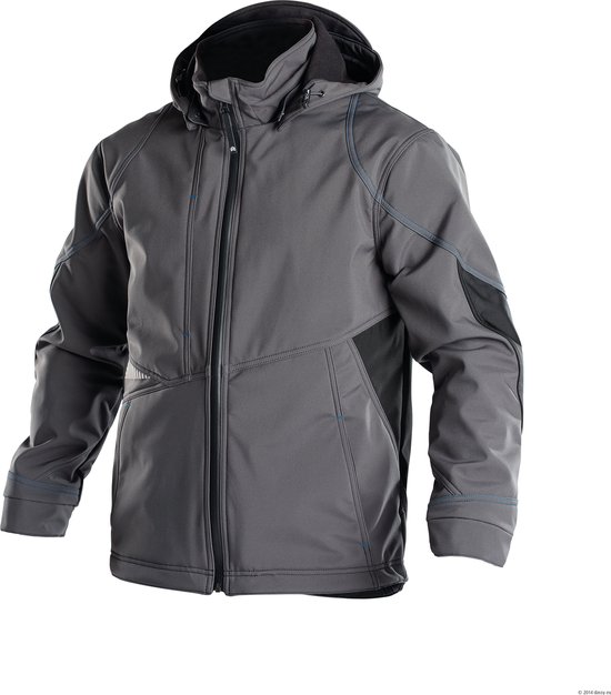 Grijze DASSY softshell werkjas met capuchon, ritssluiting en blauwe stiksels.