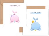 Wale come baby wenskaarten set - set van 2 kaarten - kaart met envelop - hoera een jongen - hoera een meisje - wenskaart - walvis pun kaart