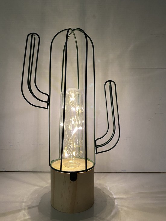 Impuls - Cactus lamp van metaaldraad met LED - donker groen - 17x7x29 cm