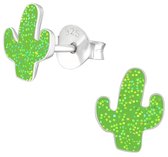 Joy|S - Zilveren cactus oorbellen - 6 x 8 mm - groen met glitter - kinderoorbellen