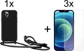 iPhone 13 Pro Max hoesje met koord zwart siliconen case - 3x iPhone 13 Pro Max screenprotector