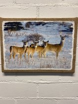 Schilderij Herten op jute doek - winter - 35x25x1.5cm - MDF frame - met ophangsysteem