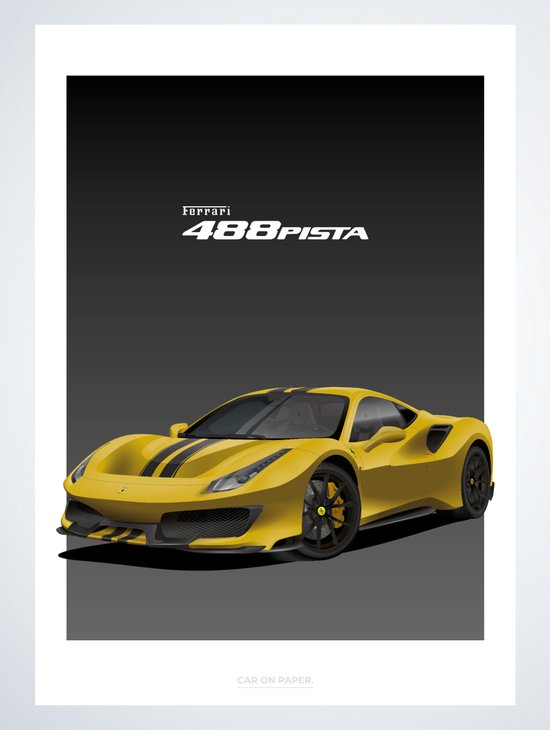 Ferrari 488 Pista Geel op Poster - 50 x 70cm - Auto Poster Kinderkamer / Slaapkamer / Kantoor