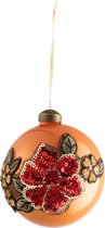 J-Line Kerstbal Broderie Bloem Glas Oker/Mix Set van 4 Stuks