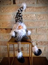 Kerstkabouter knuffel fabric gnome black/silver hanging legs 44 cm hoog - kledingstof - knuffel - kerststukje - decoratiefiguur - interieur - geschikt voor binnen - cadeau - gesche