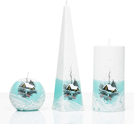 Kaarsen - Set - Handgeschilderd - Huisje met sneeuw - kerst - kaars - kerstverlichting