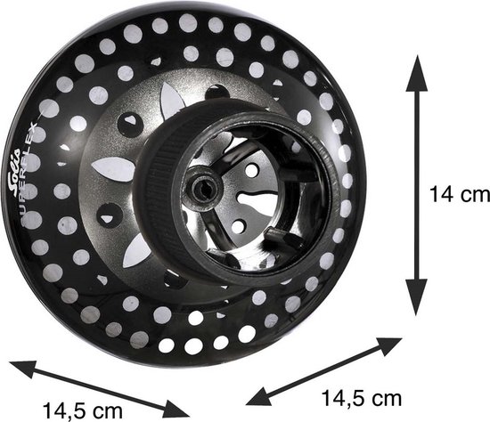 Zwarte diffuser met witte stippen en maatindicaties van 14,5 cm en 14 cm.