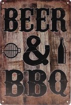 Wandbord – Beer & BBQ - Barbeque - Retro -  Wanddecoratie – Reclame bord – Restaurant – Kroeg - Bar – Cafe - Horeca – Metal Sign – 20x30cm