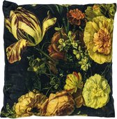 Kolony kussen  - Velvet kussen -  Bloemen - Oude Meesters - 45cm x 45 cm - Zwart Goud Rood Oranje - Inclusief Binnenkussen - Met rits