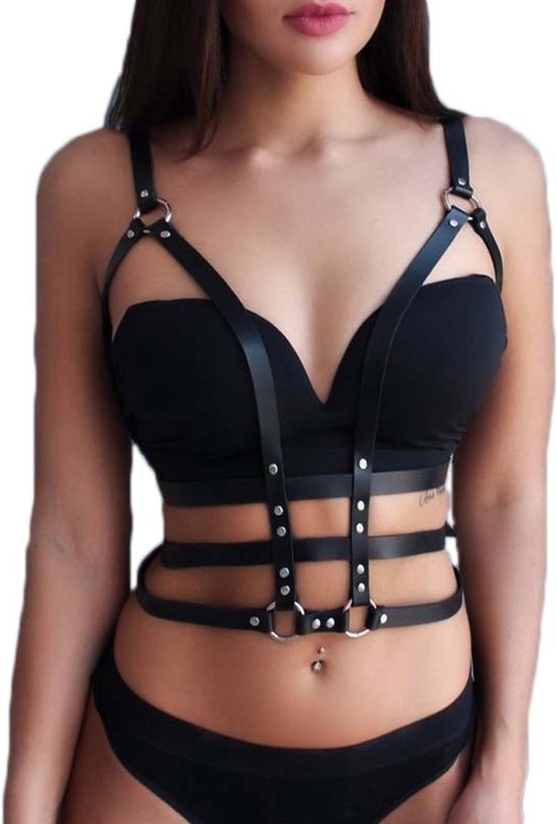 Nooitmeersaai - Harnas Vrouw - Leer - Met Schouderbanden - Zwart - Studs - BDSM - Bondage Harnas