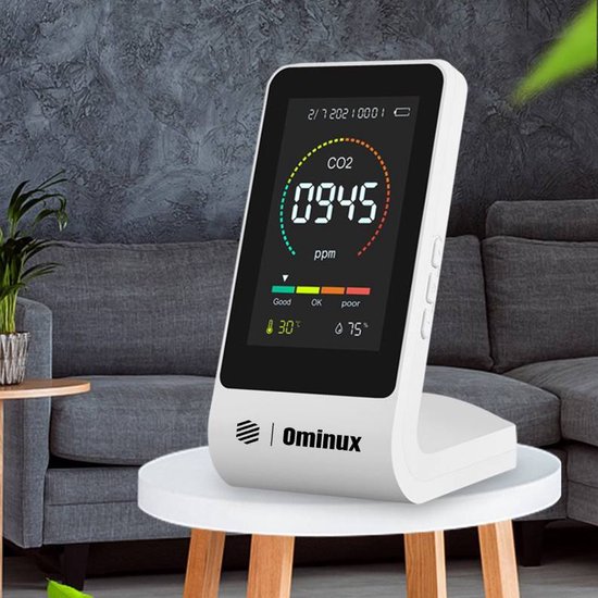Ominux CO2 Meter - Luchtkwaliteitsmeter - CO2 Meter Binnen - Melder & Monitor - Draagbaar - Wit