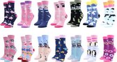 Dames sokken - 5 paar - wit - grijs - roze - blauw - met leuke print - giftbox - mix - cadeau - voor haar