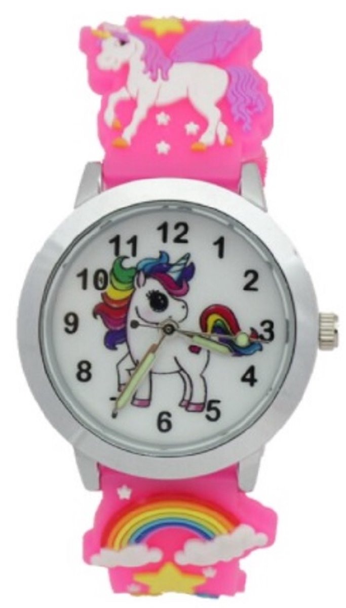 Eenhoor Unicorn horloge - 3D - kinderen - roze - analoog - 28 mm - I-deLuxe verpakking
