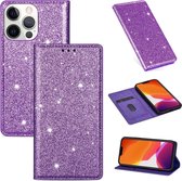 Apple iPhone 13 Mini Glitter Bookcase | Hoogwaardig PU Leren Telefoonhoesje | Pasjeshouder | Paars