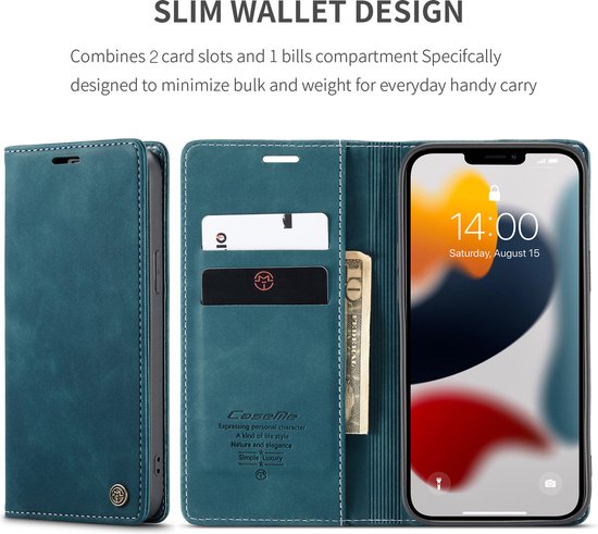 Bookcase de Luxe en cuir PU pour Apple iPhone 13 Pro | Étui en cuir de haute qualité | Étui portefeuille en cuir | Titulaire de la carte | Porte-monnaie | Bleu