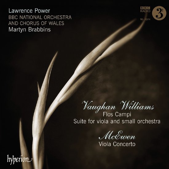 Cd-hoes met een bruine achtergrond en een gedroogde bloem in het midden. Tekst: Vaughan Williams Flos Campi Suite for viola and small orchestra McEwen Viola Concerto.